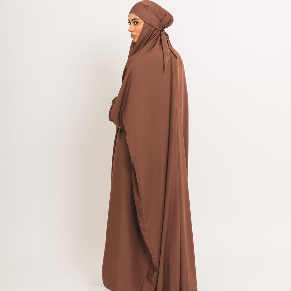 Classic brown khimar with elasticated cuffs and tie-back