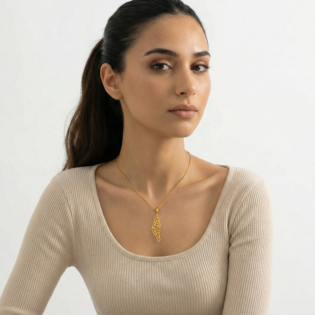 Ummahya Palestine Calligraphy Map Necklace